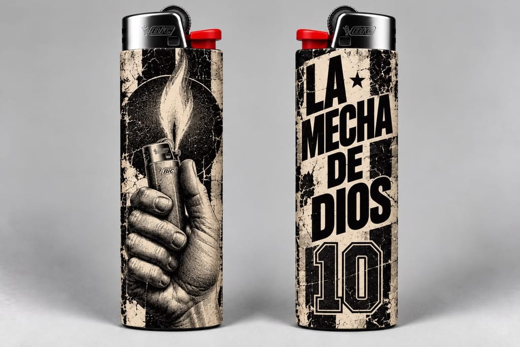 Encendedor La Mecha de Dios Vol. 01: frente con la mano y la llama, reverso con el logotipo y el número 10