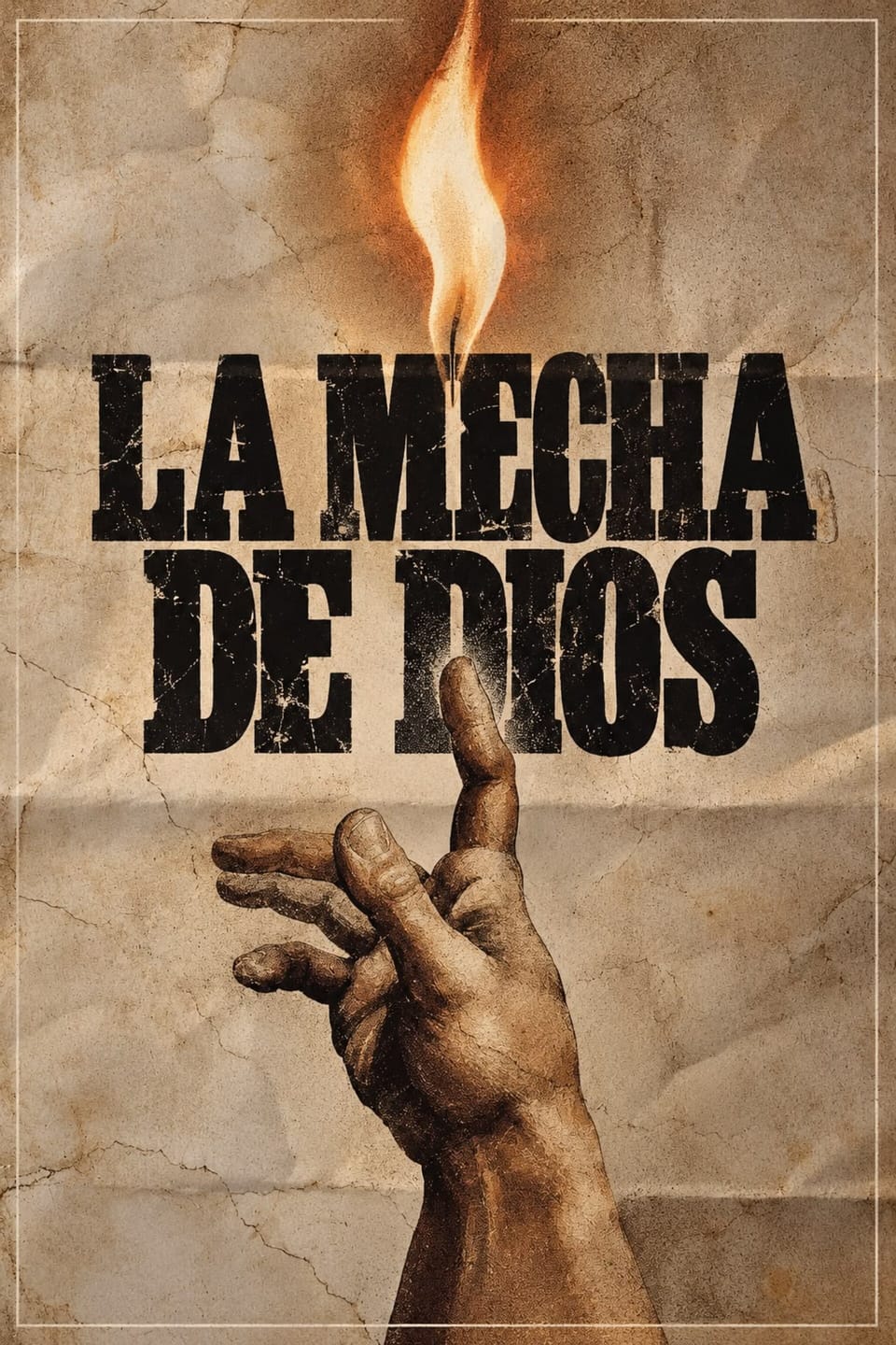La Mecha de Dios: afiche con mano, llama y logotipo
